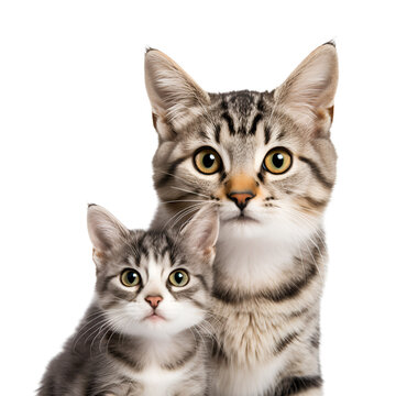 Close up portrait of a cute adult cat with kitten, Isolated on Transparent Background, PNG