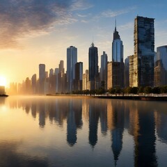 Naklejka premium City scape image during sunset night, city, water, river, skyline, reflection, lights, cityscape, bridge, building, architecture, sky, sea, dusk, panorama, downtown
