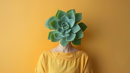 A unique image of a woman with a succulent plant for a head symbolizing growth and nature's connection to humanity