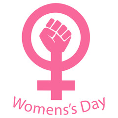 Simbolo feminino com punho cerrado ao centro simbolizando a força feminina em comemoração ao dia da mulher. Ilustração em cor rosa para o dia internacional da mulher.