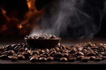 Fotobehang Roasted coffee beans with smoke rising over dark background © Graphics Box