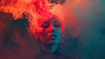A powerful image of a woman with red and orange smoke and flame replacing her hair, evoking energy