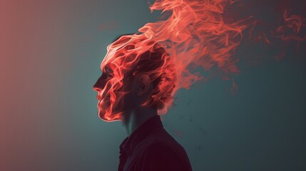 A portrait with the mouth covered in flames, symbolizing perhaps a silenced scream - obrazy, fototapety, plakaty