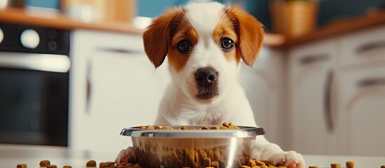 A cute pet dog eagerly eats its dry kibble out of a bowl at home. - obrazy, fototapety, plakaty
