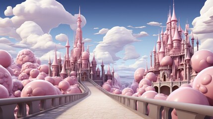 Pink fairytale background with cute cartoon castles, perfect for childrens storybook illustrations