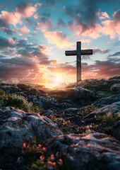 A cross stands atop a rocky hill at sunset, against a cloudy sky
