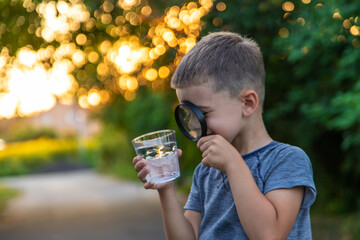 A child looks at the water through a magnifying glass against the background of nature