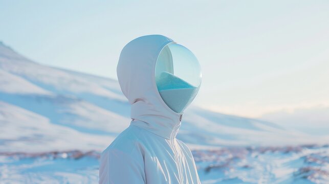 A conceptual image showing a person with an hourglass for a head, symbolizing the passage of time in a snowy environment