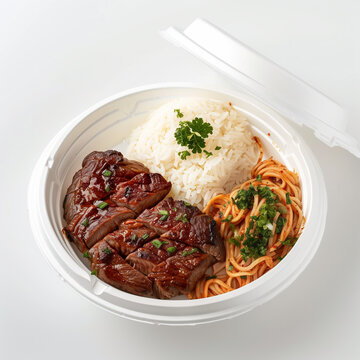 Marmitex, Typical Brazilian Meal with Rice, Spaghetti, Stealk (Churrasco) - Marmitex de Churrasco, isolated, white background