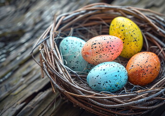 Naklejka na ściany i meble Eggfilled bird nest on wooden table, vibrant colors make a stunning still life
