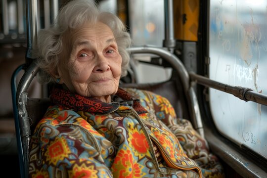 Old woman travel by bus. Close up detailed view.
