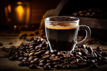 Fototapeten Black coffee in glass cup with coffee beans on wooden table © Graphics Box