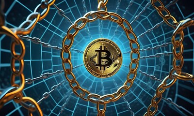 A radiant Bitcoin is anchored in a web of golden chains against a backdrop of digital networks, representing the strength and interconnectedness of cryptocurrency markets. AI Generative