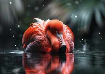 Flamingo gracefully rests in water, submerging its head in search of food