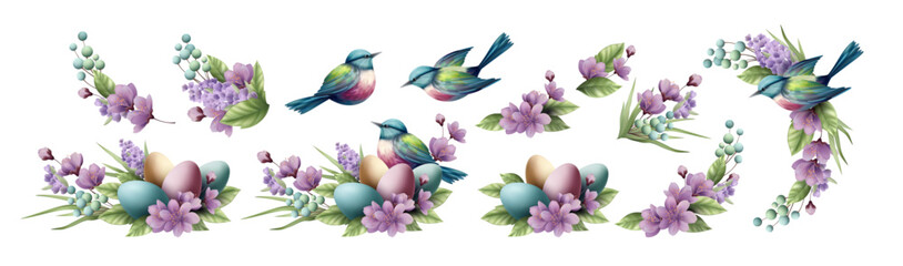 Obraz na płótnie Canvas Happy Easter Greeting Card Element Set. Wreath, nest, birds and Easter Eggs. Realistic Vintage Botanical Illustration. Holiday Greeting Design for Postcard