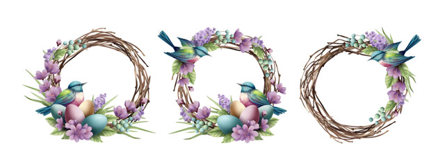 Vintage Easter Greeting Wreath, Birds, Eggs Vector Set for Holiday Card Design