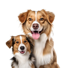 Portrait close up of a happy adult dog with a cute puppy, Isolated on Transparent Background, PNG
