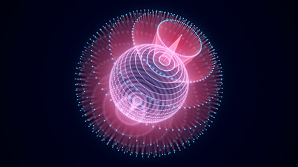 Abstract pink sphere with connecting dots and lines. Wireframe technology sphere with explosion effect. Big data visualization. 3d rendering.
