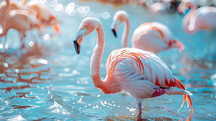 Flamingos wade in the water, showcasing their long necks and vibrant feathers