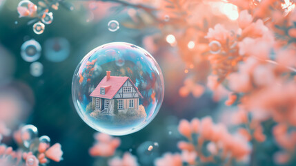 Cute little house seen in a soap bubble against a blurred background as a dream house concept