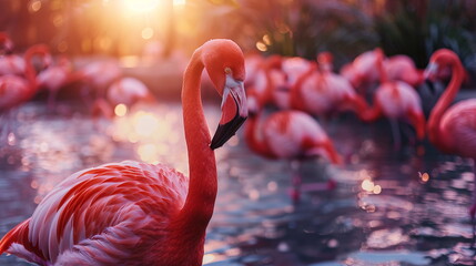 Group of Greater flamingos standing in water at sunset