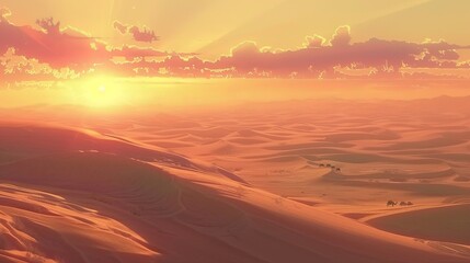 Aerial Anime Desert Sunset with Camel Caravan in Minimalist Style.