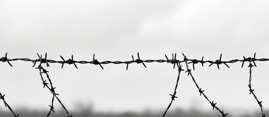 Fototapeta na wymiar The stark monochrome image captures the silhouette of vertical barbed wires set against a muted, overcast sky, conveying a sense of boundary and restriction.