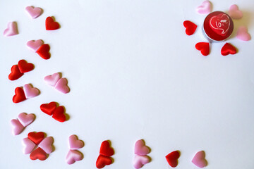 Valentines Day background. Red heart with beautiful red heart shaped candle