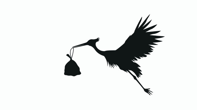 Silhouette of stork flying holding a bag with a baby