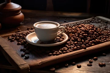  Coffee beans and cup on a wooden tray and table © Graphics Box