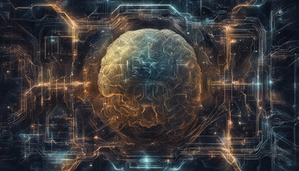 Artificial brain. Artificial intelligence. Futuristic landscape. Fantastic illustration. Science laboratory. Ski-fi concept