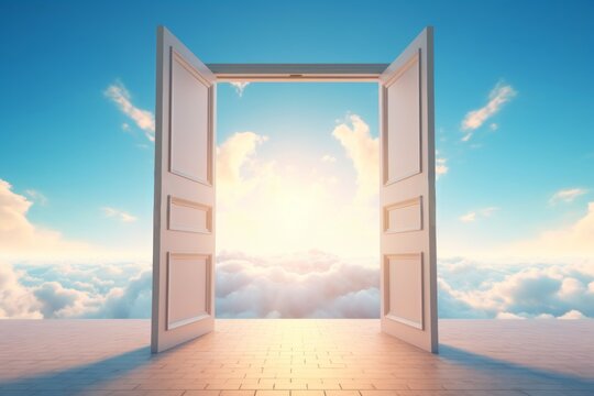 Doors open to serene blue sky with fluffy white clouds. Concept of heaven, hope, dreams, positivity, new horizons, freedom, the unknown, mystery, wonder, limitless possibilities.