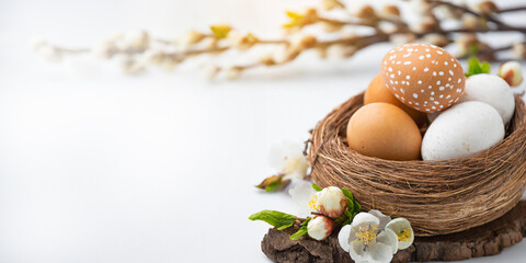 Easter poster background with Easter eggs in the nest on pastel background. Greetings and presents for Easter Day
