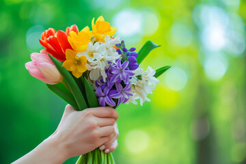 Woman hand holding bunch of spring flowers outdoors. Beautiful bouquet with tulips, hyacinths, daffodils in female hands on blurred green background