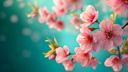Beautiful pink sakura flowers against a turquoise spring background, copy space on the left for your text