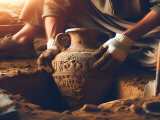 Archäologe untersucht eine antike Vase bei einer archäologischen Ausgrabung in der Wüste - obrazy, fototapety, plakaty