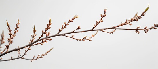 This close-up photograph captures the intricate details of a bare willow branch against a white background, highlighting the absence of leaves.