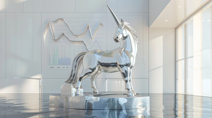 3D rendering of a minimalist unicorn sculpture made of chrome standing on a pedestal shaped like a market trend graph representing a business unicorn in a modern corporate lobby - obrazy, fototapety, plakaty