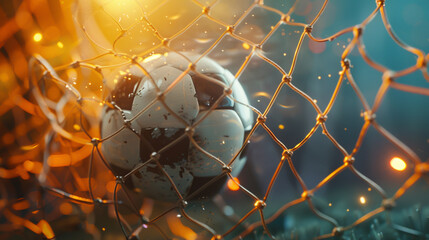 3D rendering of a soccer ball mid air before entering the goal hyper realistic textures of the ball and net the decisive moment of victory captured with dramatic lighting - obrazy, fototapety, plakaty