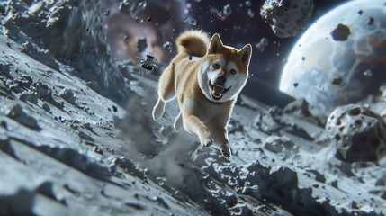 A 3D animated scene of a shiba inu with propeller wings playfully chasing asteroids in a realistically modeled 3D lunar orbit