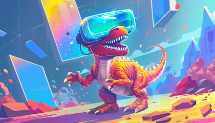A cartoonish friendly dinosaur wearing oversized VR glasses engaged in a colorful virtual game with stylized digital effects around it