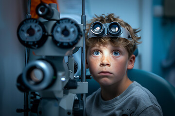 A child sitting at an eye exam looking through a phoropter the room softly lit to focus on the...