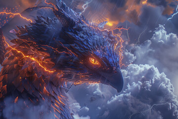 A close up of a dragon lightning bird hybrid with eyes glowing like storm clouds scales shimmering with static electricity and feathers sparking with lightning set against a tumultuous sky - obrazy, fototapety, plakaty