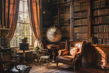 A luxurious room filled with the scent of rare woods and leather golden sunlight filtering through heavy curtains highlighting a collection of antique books and a vintage globe - obrazy, fototapety, plakaty