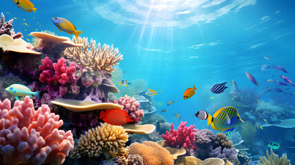 Naklejka na ściany i meble Vibrant underwater coral reef with tropical fish