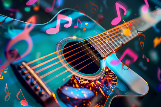 A close up photo of a colorful guitar with vibrant music notes floating around capturing the essence of music in motion soft background lighting highlighting the strings and notes