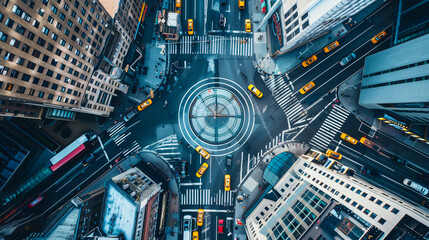 Obraz na płótnie Canvas Aerial view of a modern glass bridge over a bustling city with a large symbolic target design in the center symbolizing financial success