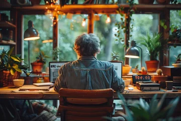 Foto op Aluminium A writer deeply engrossed in work sits at a desk, surrounded by the serene greenery of a plant-filled room © svastix
