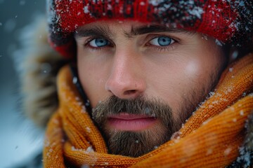 Intense close-up of a man's face with blue eyes and snowflakes on his beard, highlighting winter's chill - obrazy, fototapety, plakaty