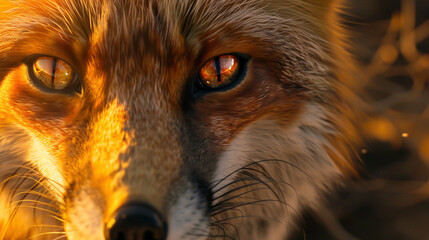 Close up of a 9 tailed fox eyes glowing with wisdom soft fur illuminated by the setting sun showcasing the beauty and complexity of its nine tails